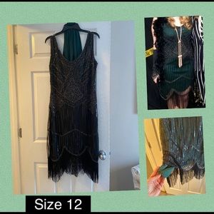 Gatsby dress - black lace over green.